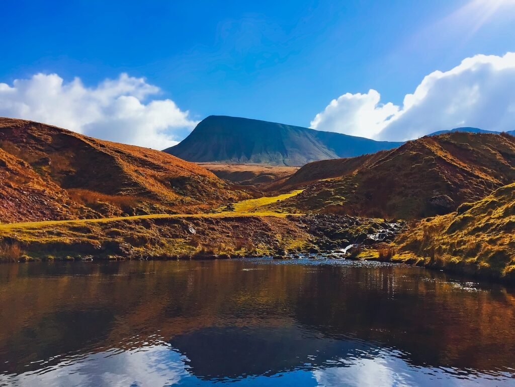 brecon beacons, national park, united kingdom, landscape, mountains, lake, water, reflections, sky, clouds, tourism, formatio