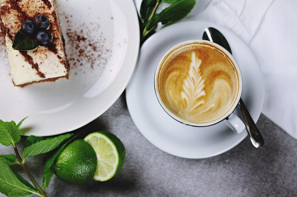 drink, coffee, cafe, coffee cup, cake, cappuccino, ceramic, cup, dessert, food, mug, plate