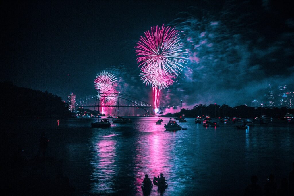 fireworks, harbour, night, celebration, nature, harbor, water, reflections, bridge, sydney, new year, sydney harbor bridge, s