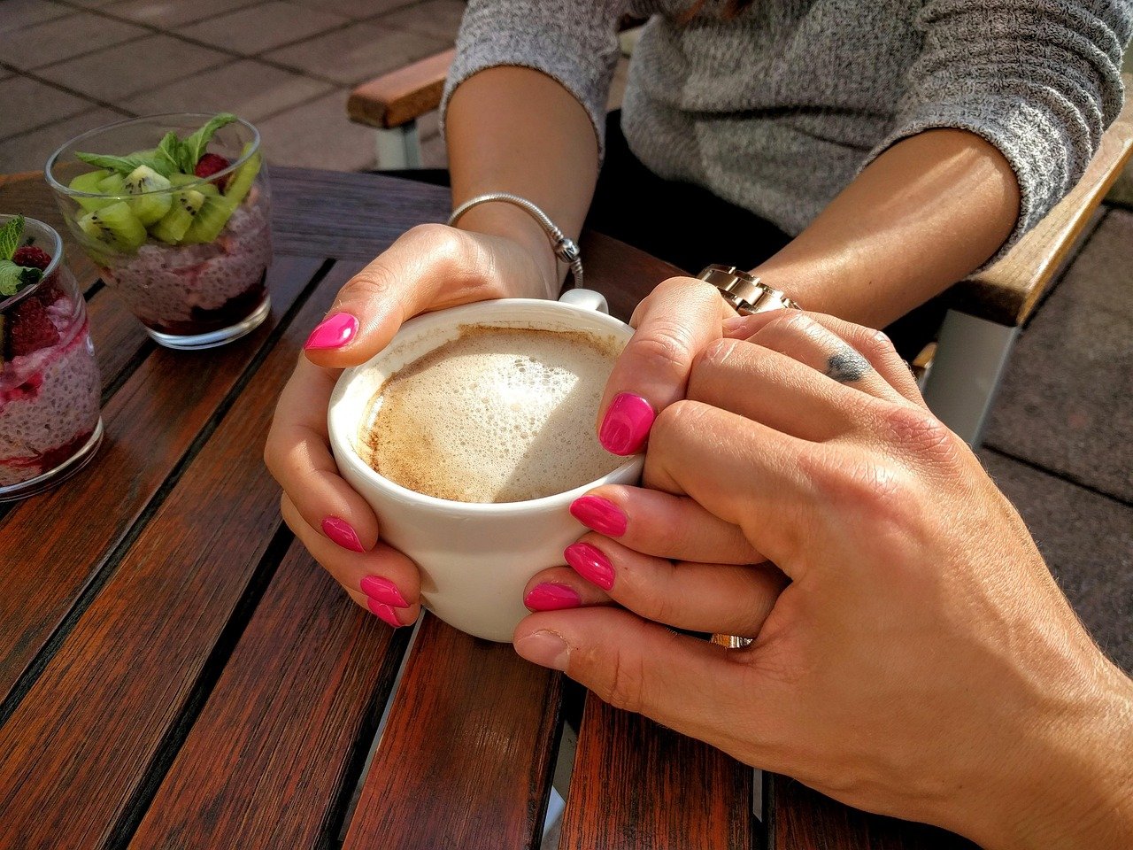 couple, holding hands, coffee, cup, mug, romance, few, love, relationship, infatuation, hands, coffee cup, cappuccino, lovers