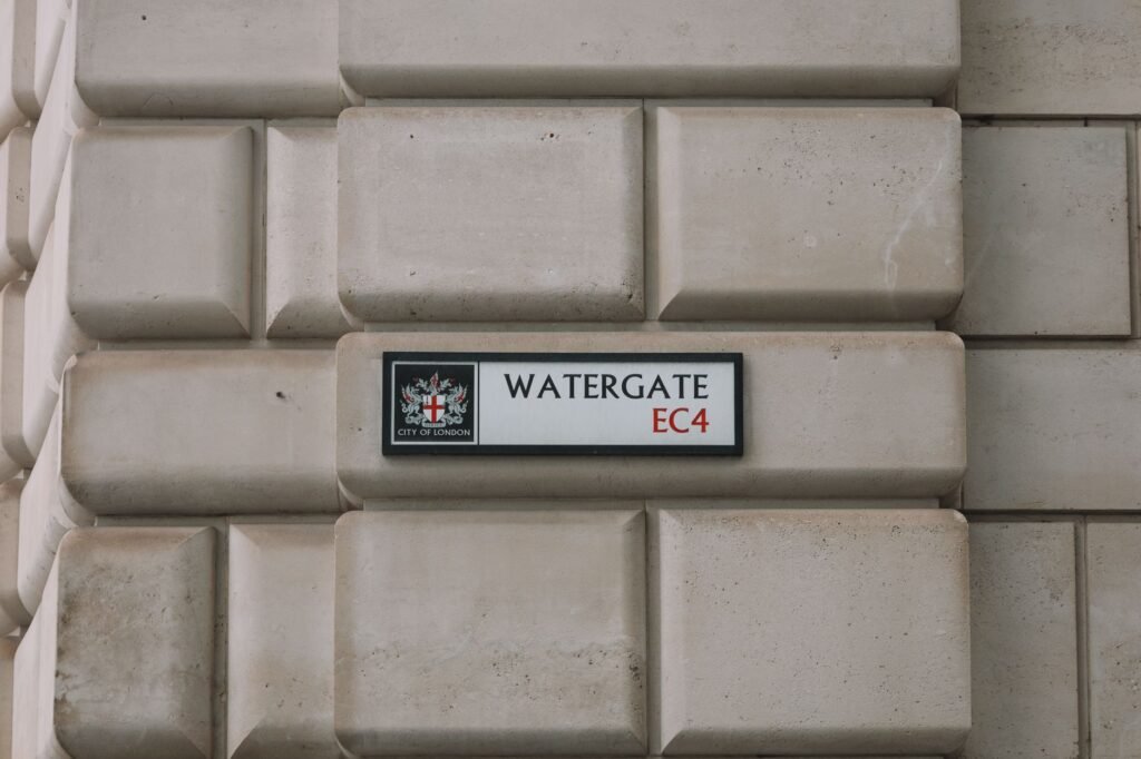 Close-up of Watergate street sign in London's historic urban area.