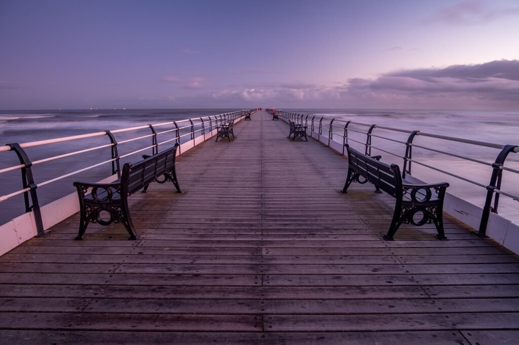 saltburn pier, pier, yorkshire, saltburn, nature, seaside, coast, seascape, structure, england, bench, sunrise, waves, horizo