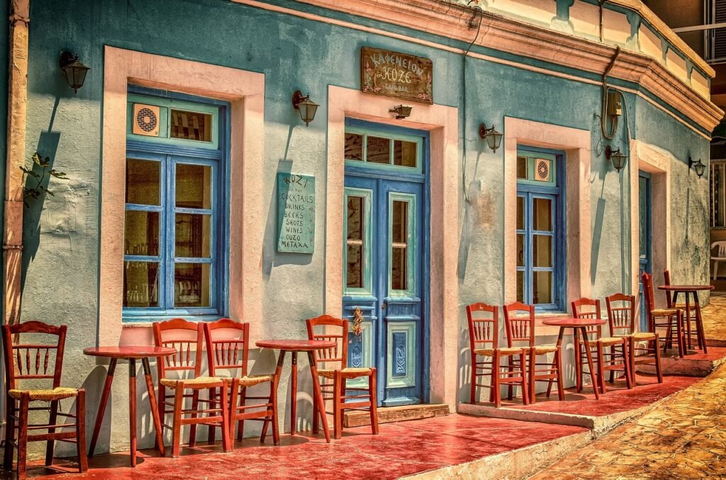 cafe, building, greece, karpathos island, facade, architecture, chairs, tables, front, windows, door, nature, restaurant, emp