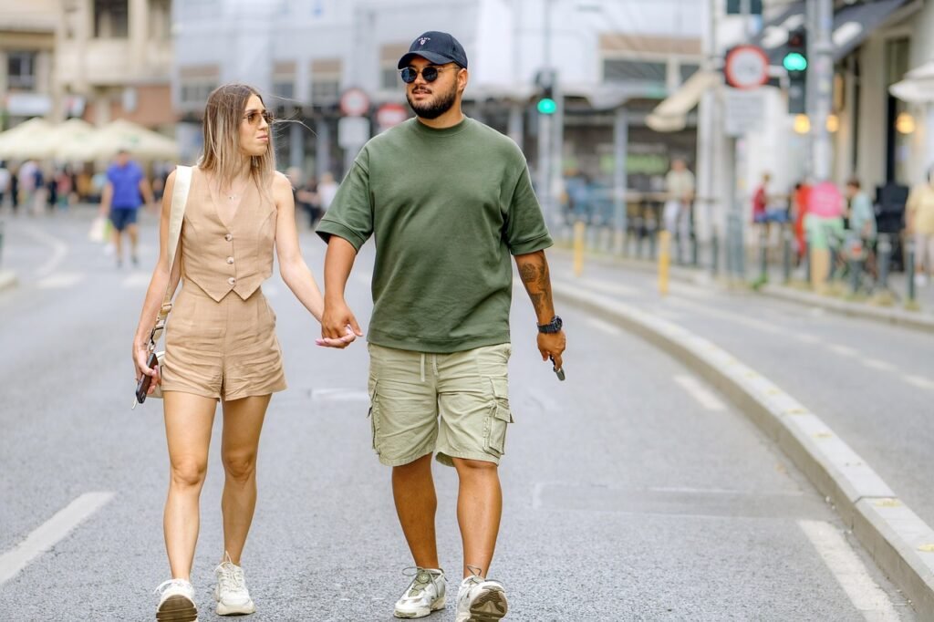 couple, people, street, young, casual, sunglasses, phones, walking, together, promenade, relaxation, lifestyle