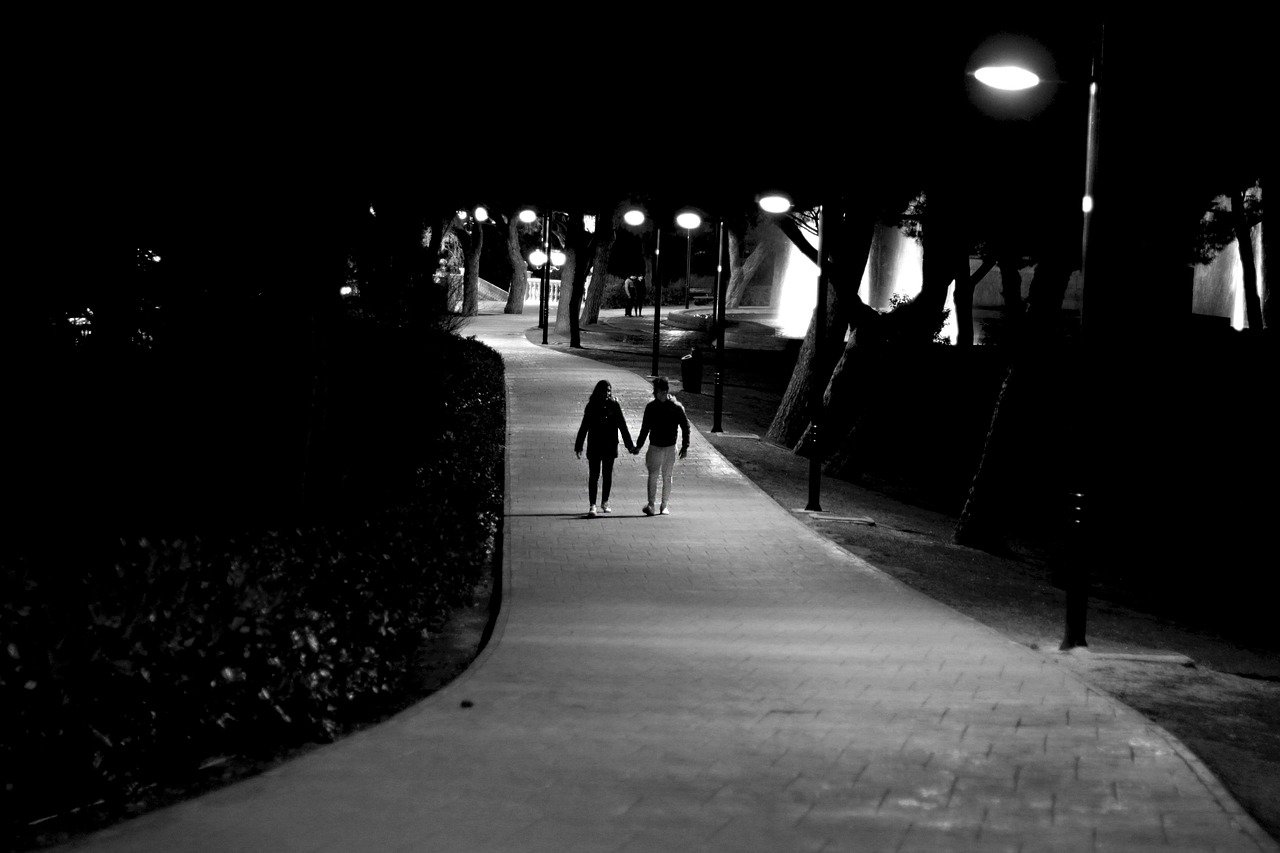 love, couple, boys, teenagers, guy, girl, in love, night, path, light, lights, shades, fear, nature, help, i want to, youths,