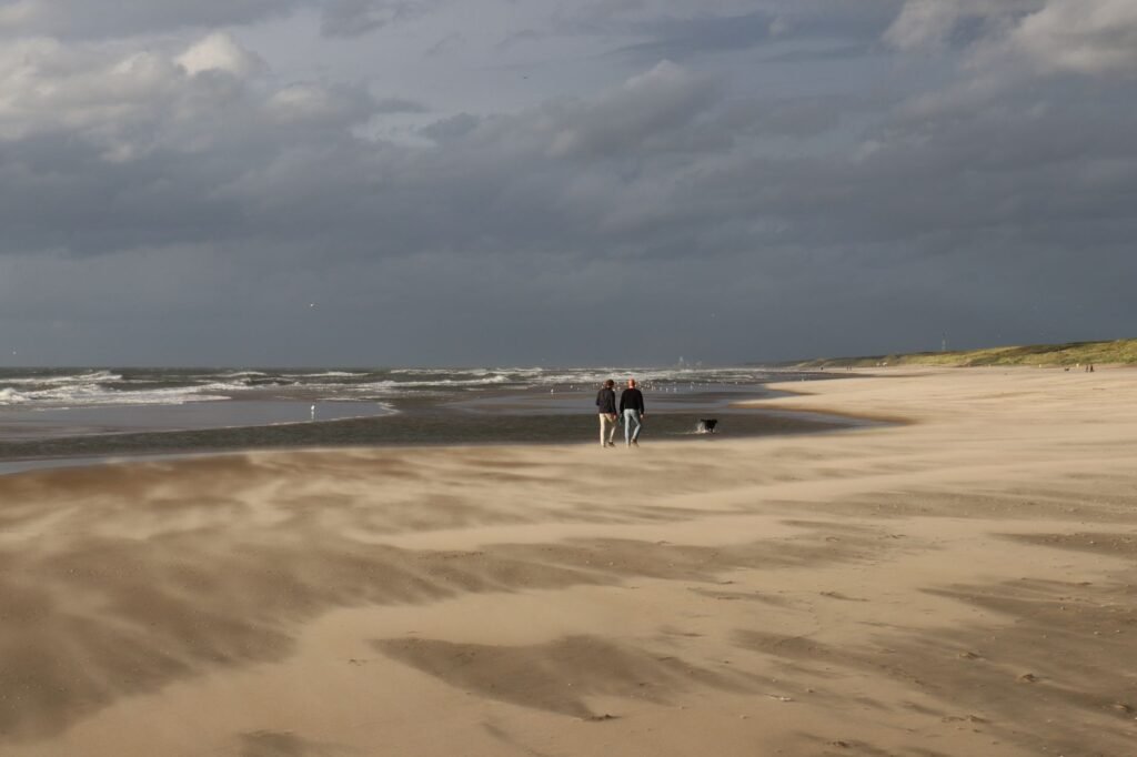 A couple walks along a windy beach with dramatic clouds overhead, creating a serene and moody coastal scene.