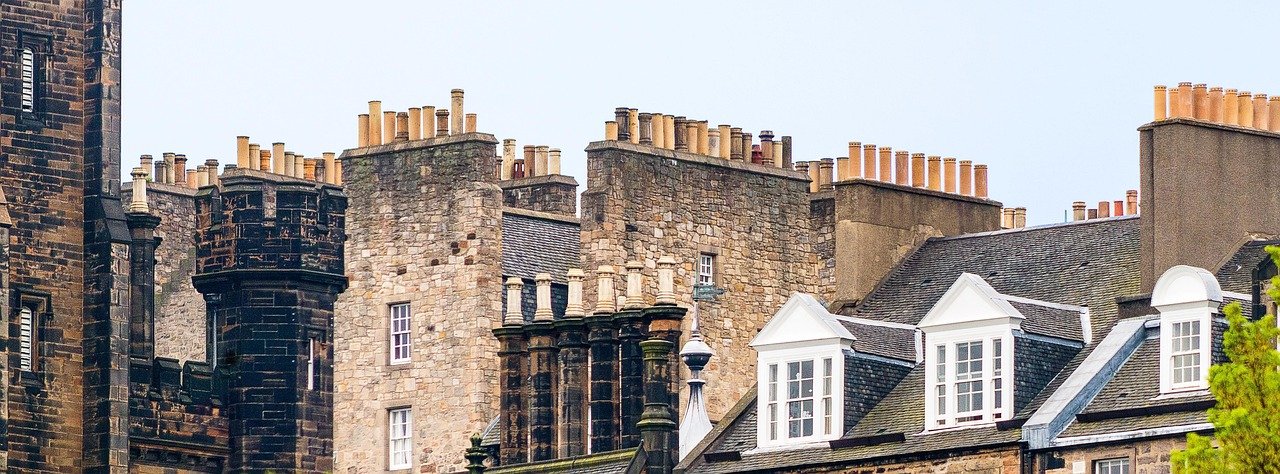 edinburgh, old town, to travel, facade, houses, architecture, fireplaces, chimneys, window, house front, downtown, scotland,