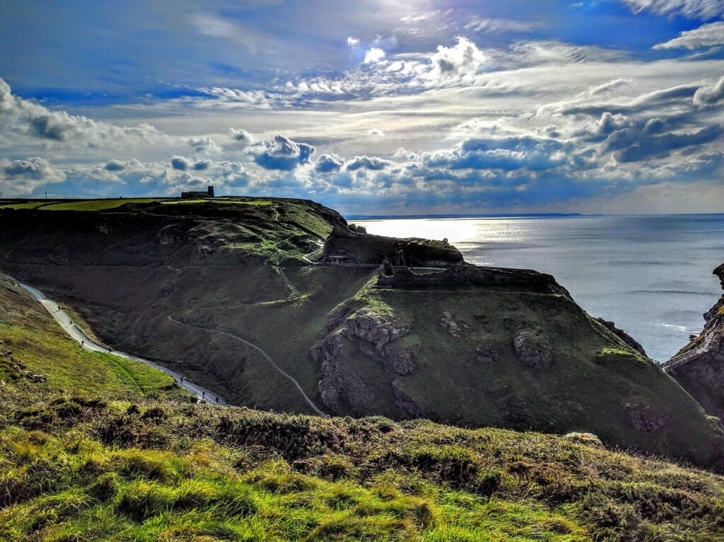 castle, cornwall, coast, nature, church, tintagel, sea, horizon, sunset, evening, England, United Kingdom, Tintagel