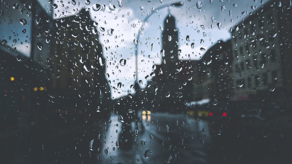 buildings, droplets, drops, glass, lamppost, liquid, rain, nature, raindrops, rainy, silhouette, water, wet, window, gloomy,