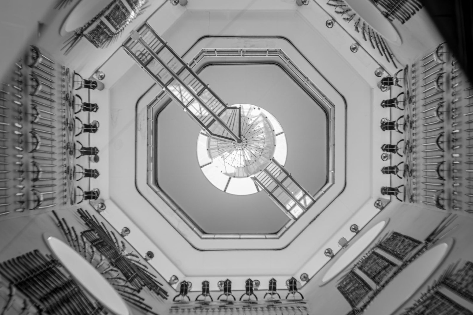Dramatic view of an elegant spiral staircase from below at Leeds, England.