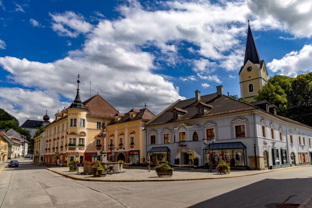 Charming historic square with iconic architecture in Windischgarsten, Austria.