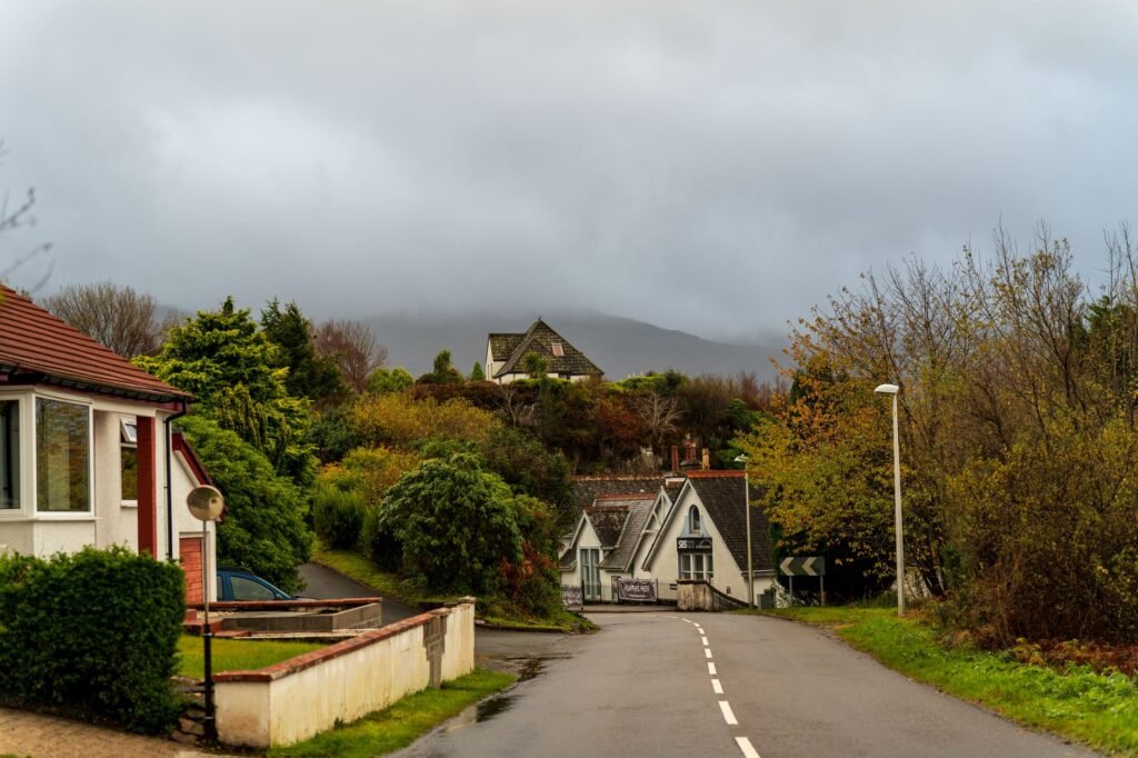 Charming rural street with autumn foliage leading to picturesque houses under a cloudy sky.