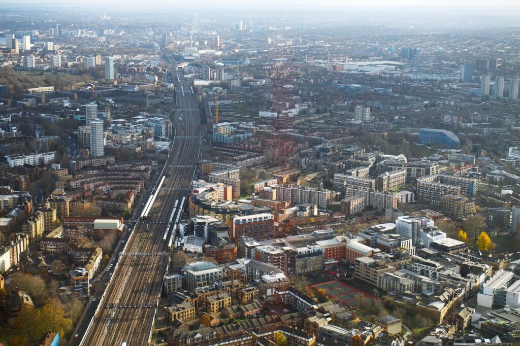 Explore a vibrant aerial view of London's architecture and infrastructure.