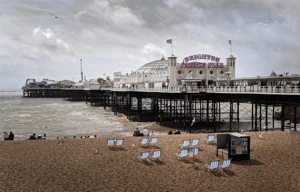brighton, england, sussex, sea, pier, uk, architecture, nature, carousel, beach, seafront, britain, water, seaside, british,