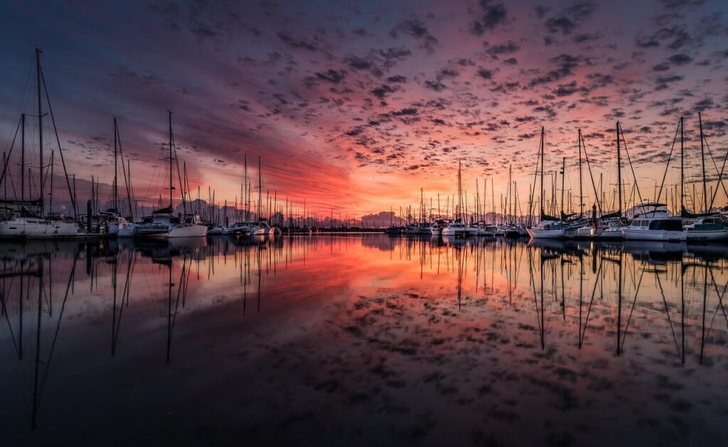 boats, port, sunrise, sunset, reflection, sea, bay, water, ocean, yachts, sailboats, harbor, dawn, dusk, scenic, nature, port
