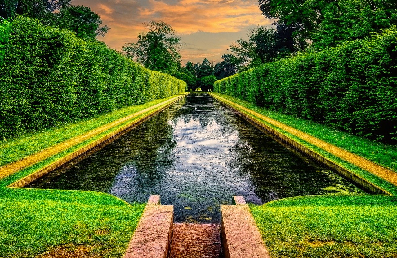 antrim castle gardens, hedge, pond, long canal, reflection, water, park, historic, tourism, tourist attraction, antrim, natur
