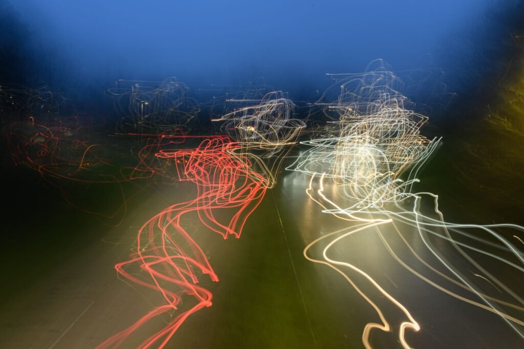 Vivid light trails on a road at night in Craigavon, Northern Ireland.
