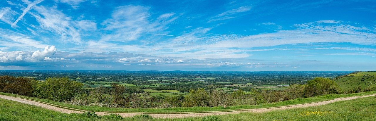 ditchling beacon, landscape, panorama, hill, valley, fields, horizon, sky, clouds, path, grass, meadow, pasture, nature, scen