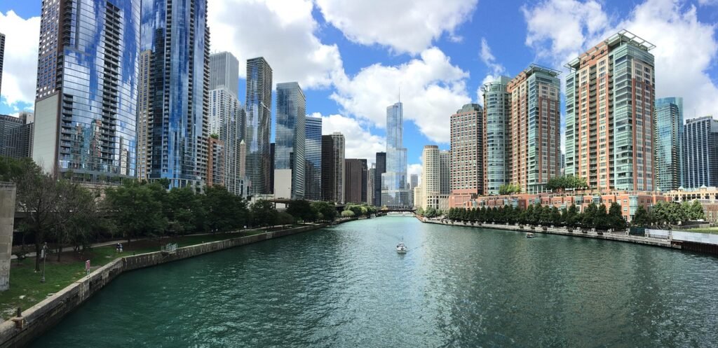 buildings, river, architecture, city, skyline, urban, urban landscape, chicago, cityscape, district, downtown, metropolitan a