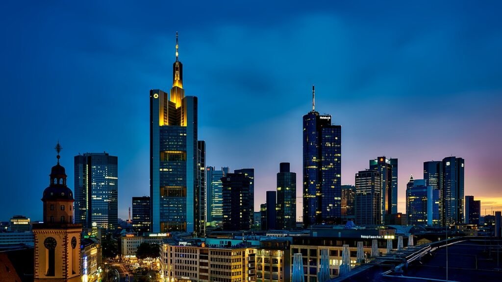 buildings, city, illuminated, city lights, skyline, skyscrapers, nature, urban, urban landscape, metropolitan, frankfurt, ger