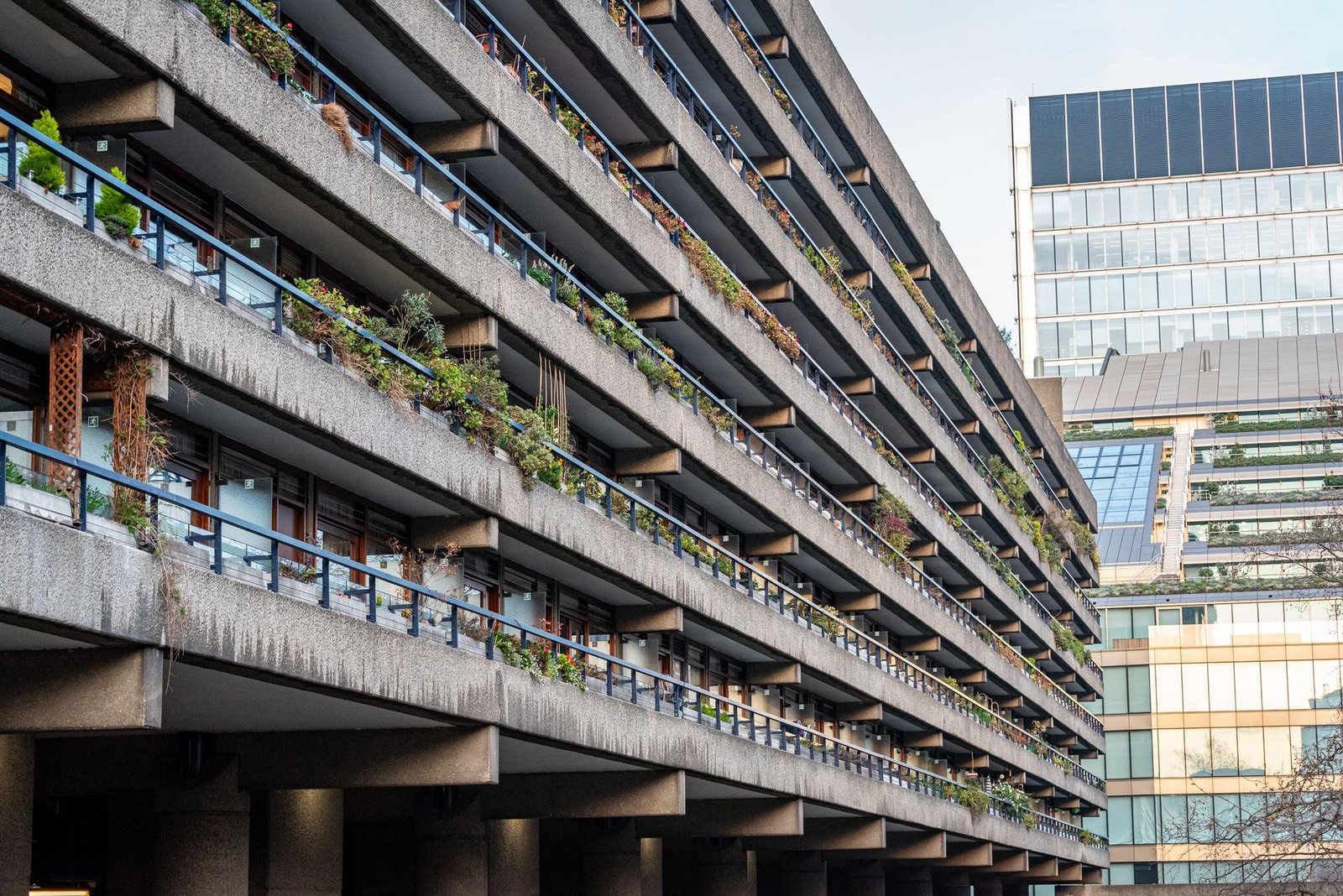 Detailed view of the iconic Brutalist architecture at the Barbican Centre in London, UK.