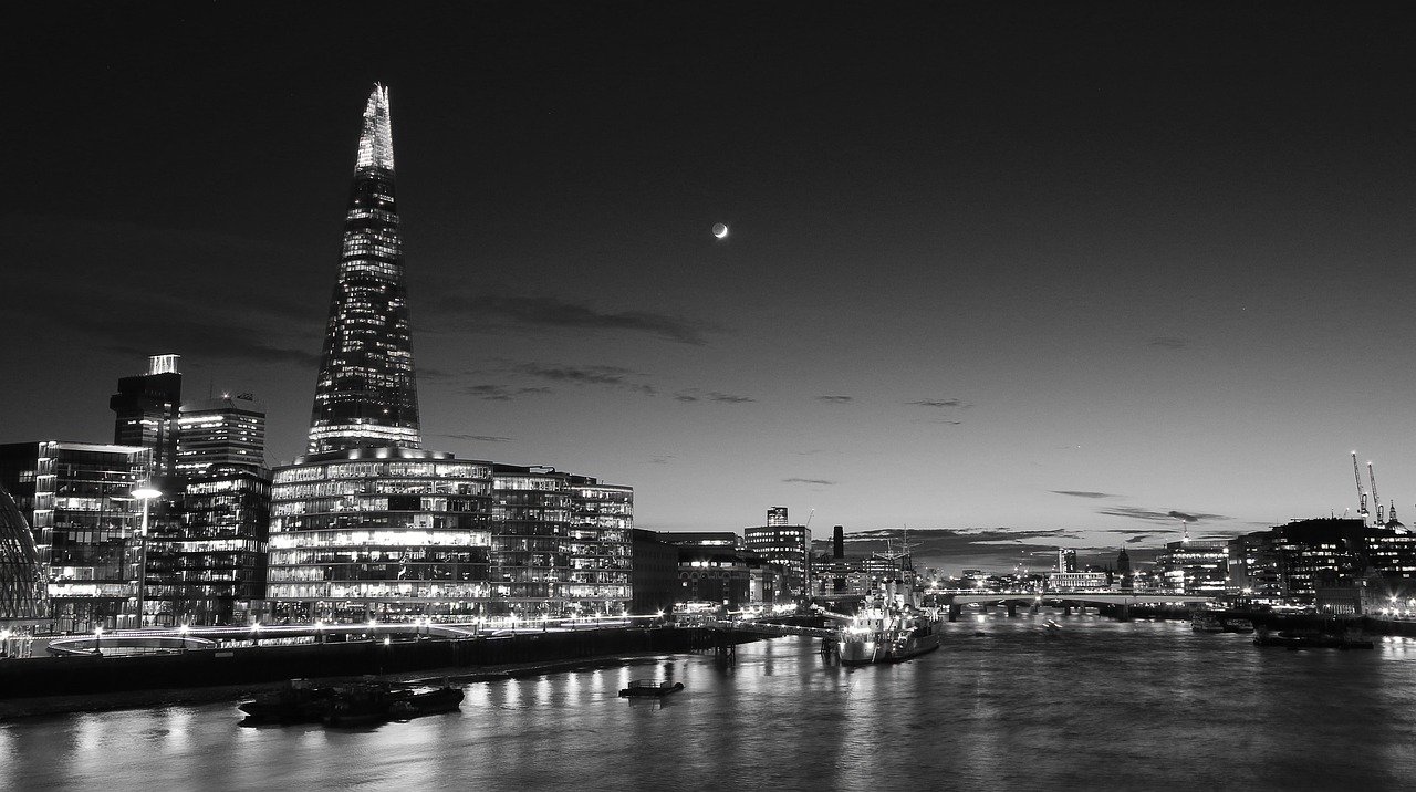buildings, capital, england, grey scale, london, moon, night, reflections, river, skyline, skyscrapers, the shard, the thames
