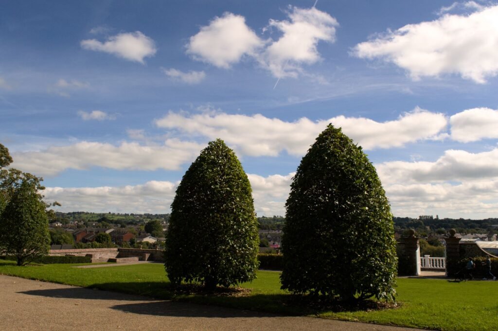 Scenic view of manicured shrubs and cloudy sky in Lisburn, Northern Ireland.