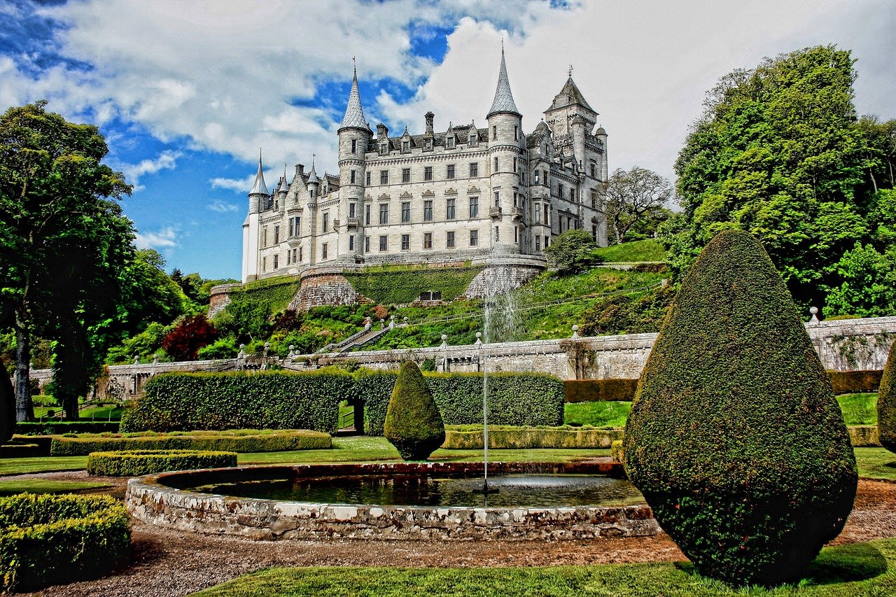 dunrobin, castle, garden, dunrobin castle, fortress, fort, fortification, citadel, facade, edifice, architecture, medieval, h