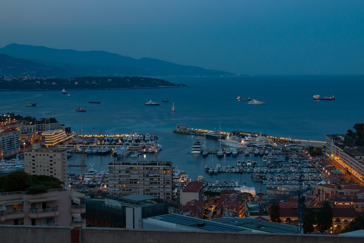 monaco, night, port, illuminated, tourism, vacations, night lights, architecture, landscape, monte-carlo, to travel, seaside,