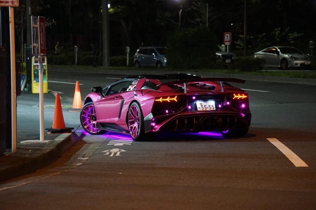 tokyo, night, lamborghini, street car, lighting, at night, streets, neon, pink, tuning, city, light, urban, style, eve, autom