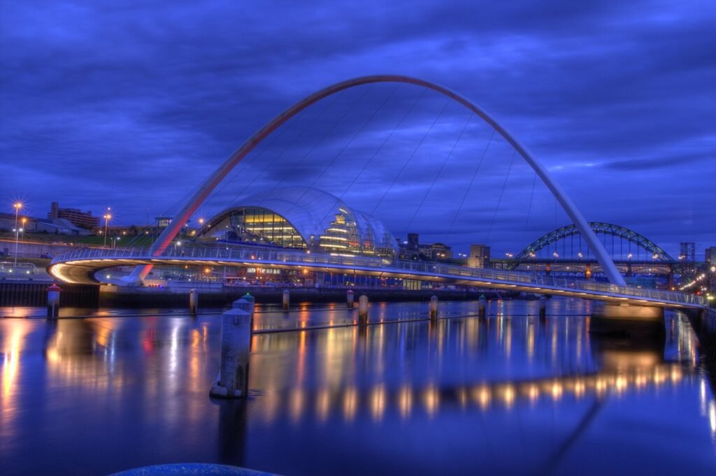 millennium bridge, gateshead, newcastle, tyneside, river, night, landmark, iconic, attraction, tourism, arch, destination, en