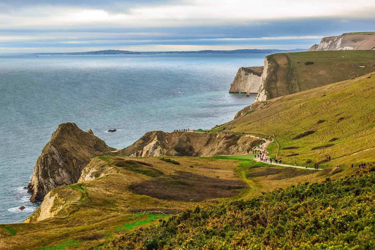jurassic coast, dorset, england, uk, nature, united kingdom, landscape, ocean, sea, lulworth cove, sky, clouds, coast, cliffs