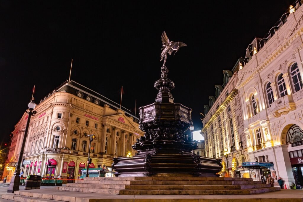 sculpture, monument, eros statue, arrow, landmark, london, piccadilly, city, england, britain, famous, night, urban, london,