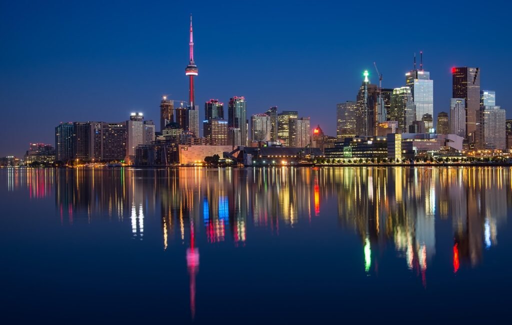 buildings, cn tower, nature, river, waterfront, illuminated, city lights, cityscape, skyline, skyscrapers, architecture, refl