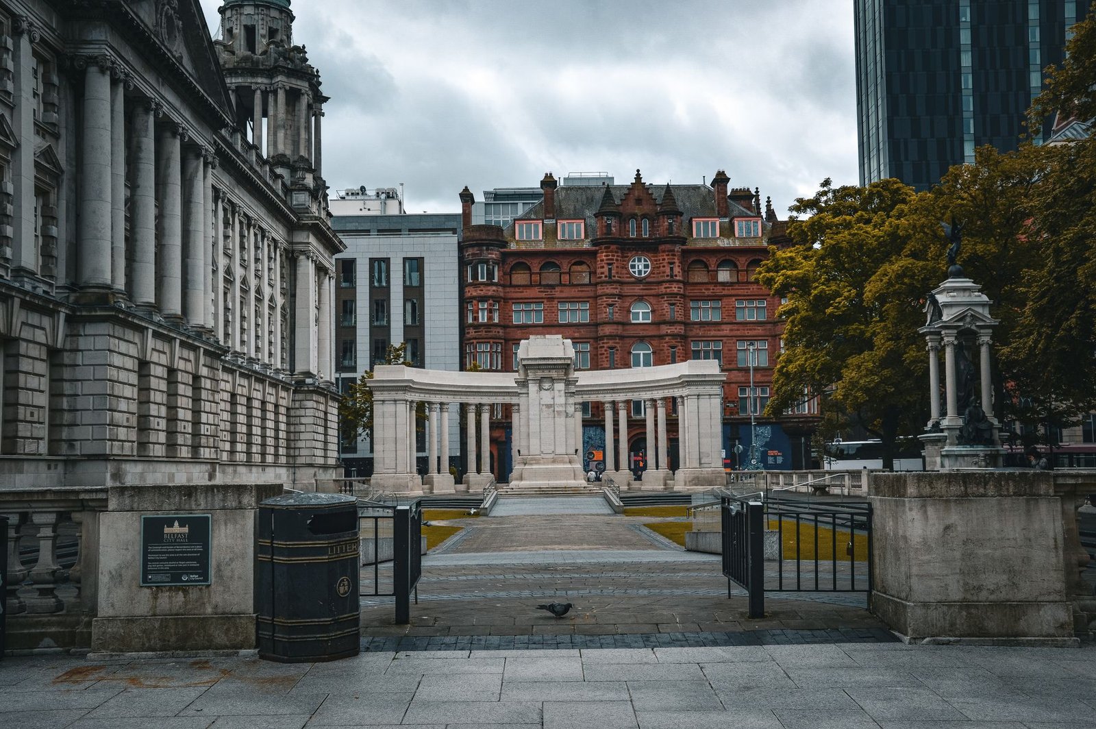 Historic architecture in Manchester with classical columns and red-bricked buildings.