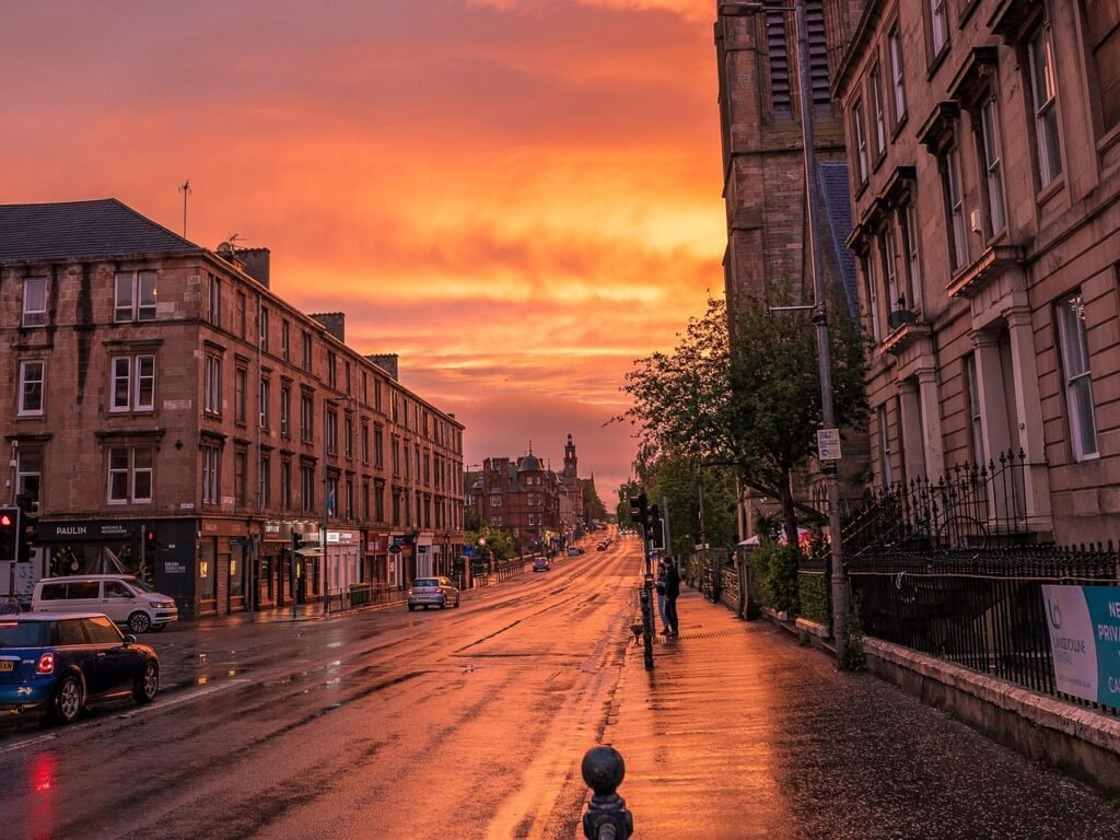 city, outdoors, sunset, dusk, travel, road, street, cityscape, twilight, glasgow, nature, scotland, clouds