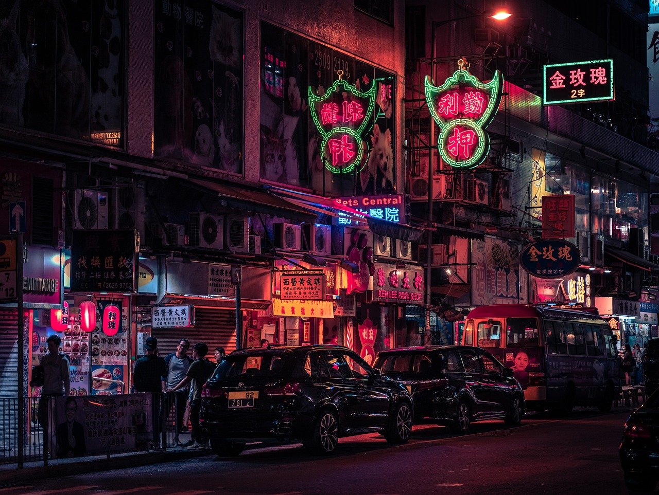 road, vehicles, pedestrian, bus, infrastructure, hong kong, neon, automobile, china, futuristic, architecture, night, urban,