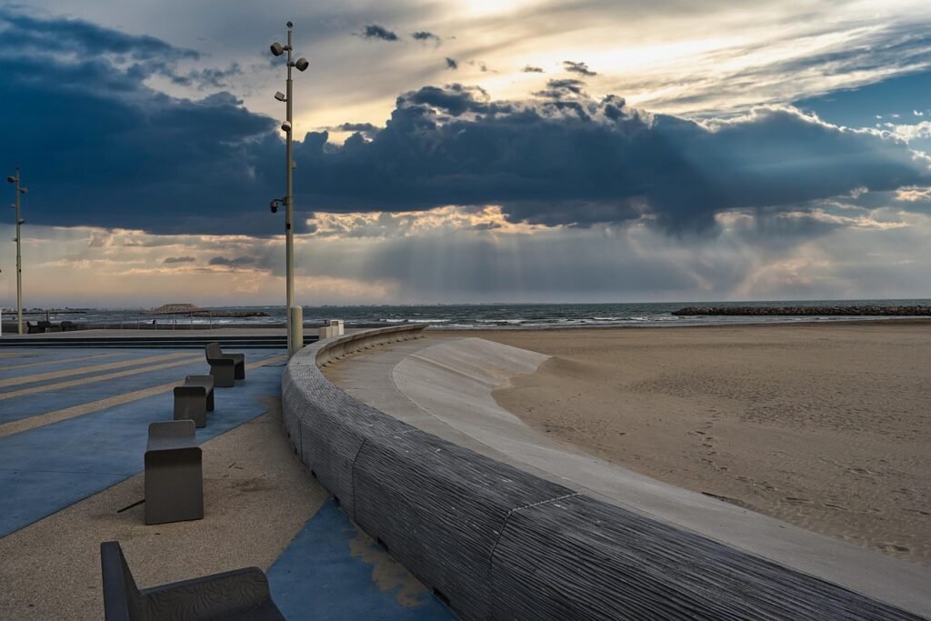 sunbeams, sky, landscape, nature, beach, sand