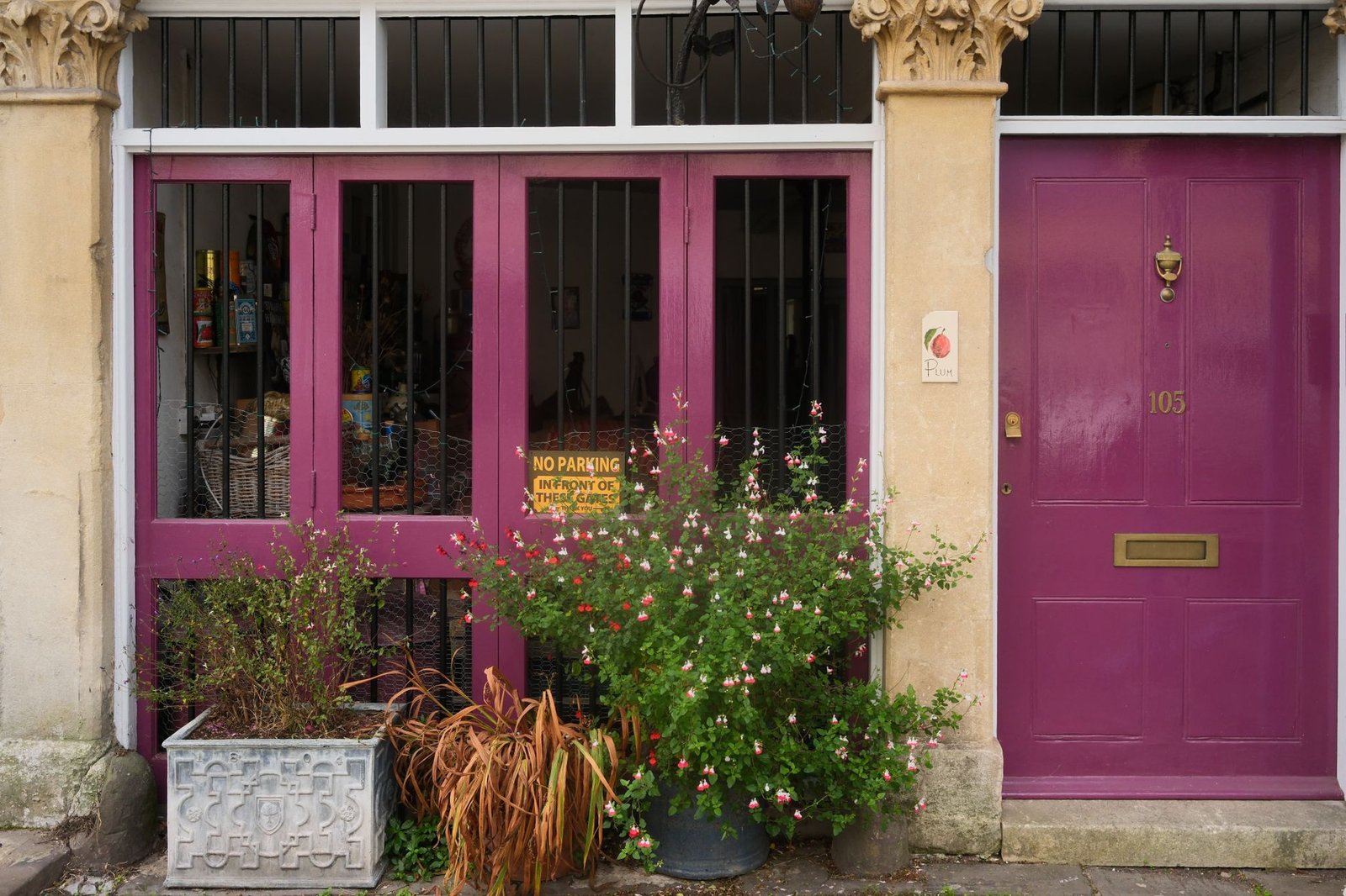 Vibrant purple doorway with plants and a 'No Parking' sign in Bristol, UK.