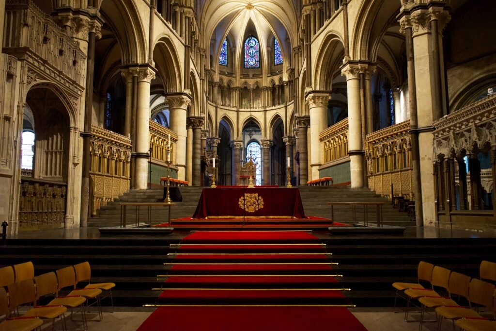 Stunning Gothic and Romanesque architecture inside Canterbury Cathedral, England.