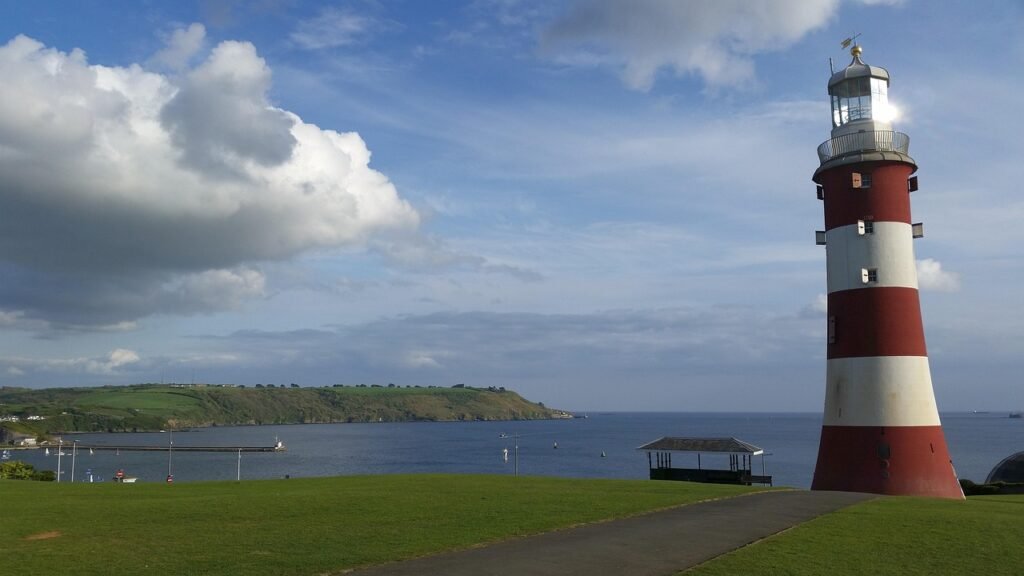 lighthouse, sea, red, white, port, seafaring, shipping, beach, be seen, plymouth, england, devon, devonshire, hoe, smeaton's