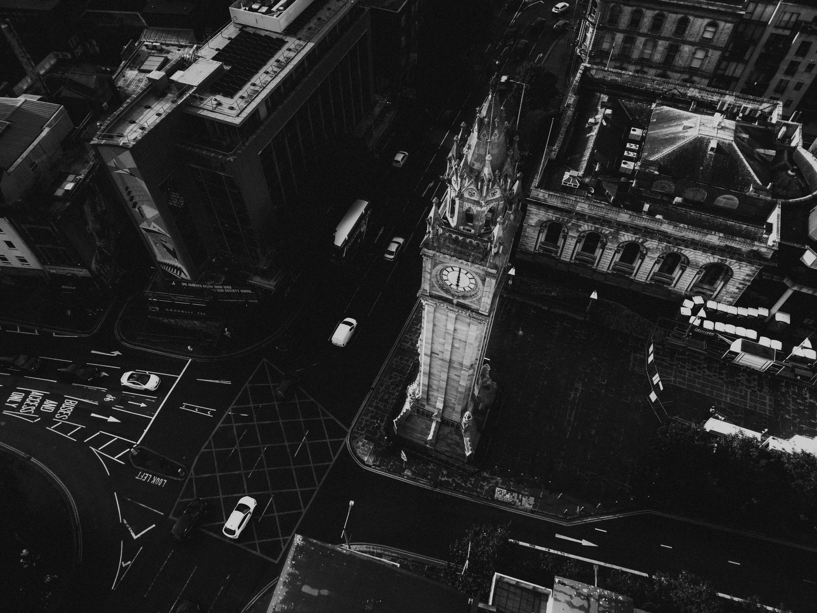 Black and white aerial shot of the Albert Memorial Clock in Belfast, Northern Ireland.