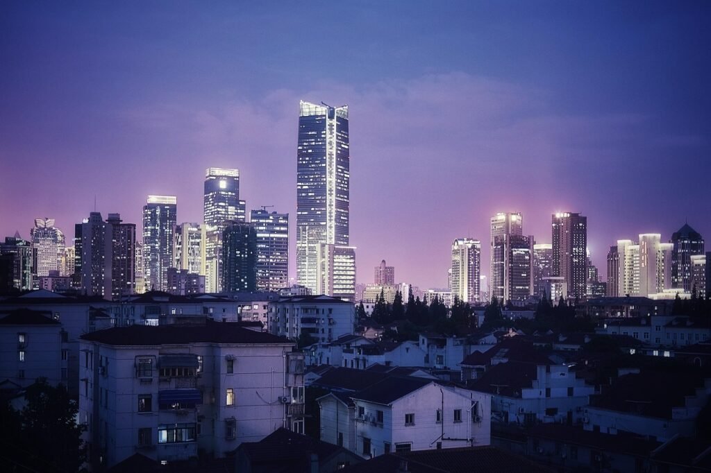 shanghai, city, night, landscape, skyscrapers, buildings, metropolis, downtown, cityscape, architecture, panorama, business d