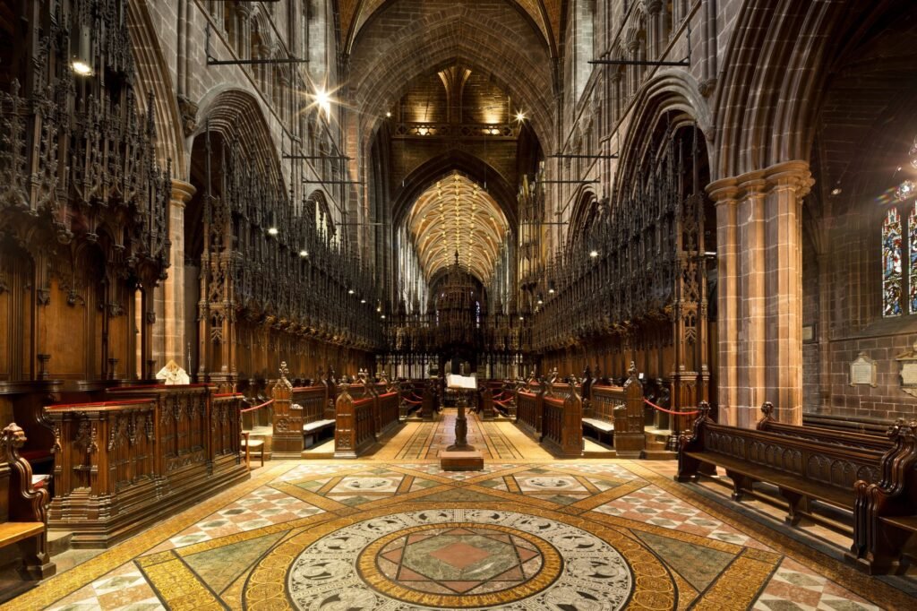 Capture of Chester Cathedral's intricate Gothic architecture and historic charm.