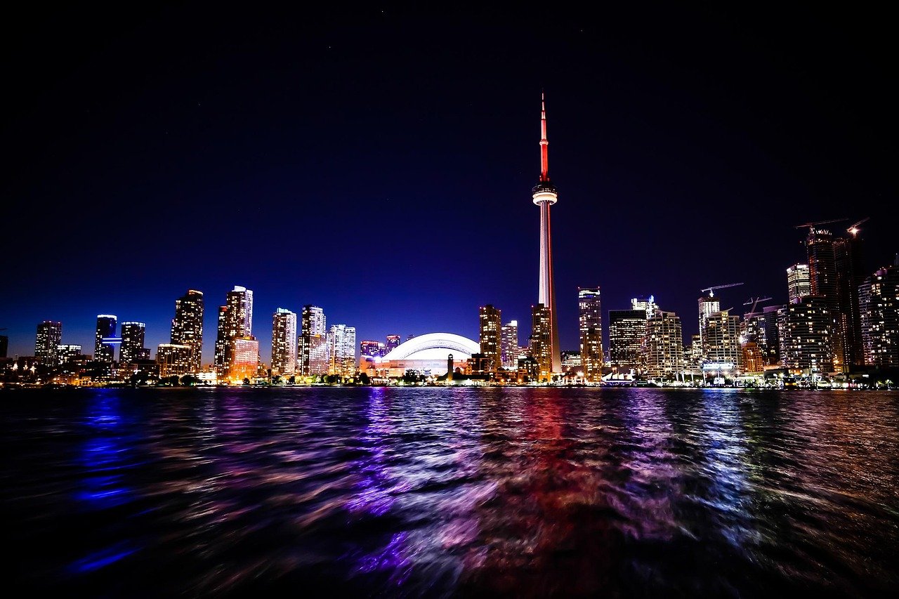 toronto, city, nature, cn tower, skydome, skyline, architecture, buildings, towers, lights, dark, night, water, reflection, u