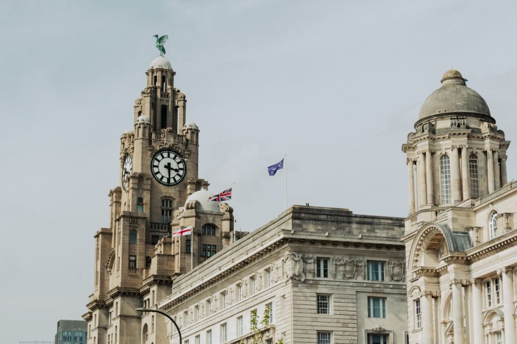 Iconic view of the Royal Liver Building and Liverbird clock tower in Liverpool, England.