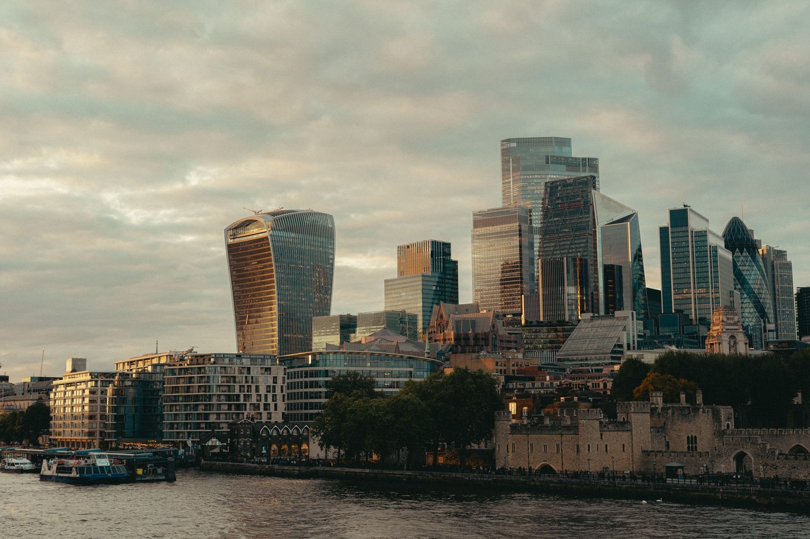 A beautiful view of London's skyline featuring modern architecture and the River Thames.