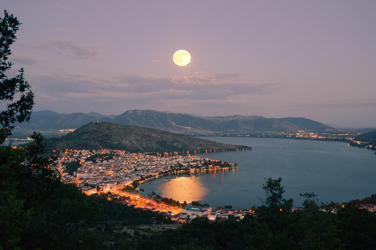 lake, moon, water, sky, landscape, nature, clouds, night sky, fantasy, evening, scenery, reflection, atmosphere, outdoor
