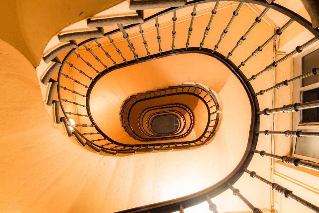 stairs, architecture, building, staircase, spiral, perspective, gradually, house, interior, steps, wall, hotel, city, light,