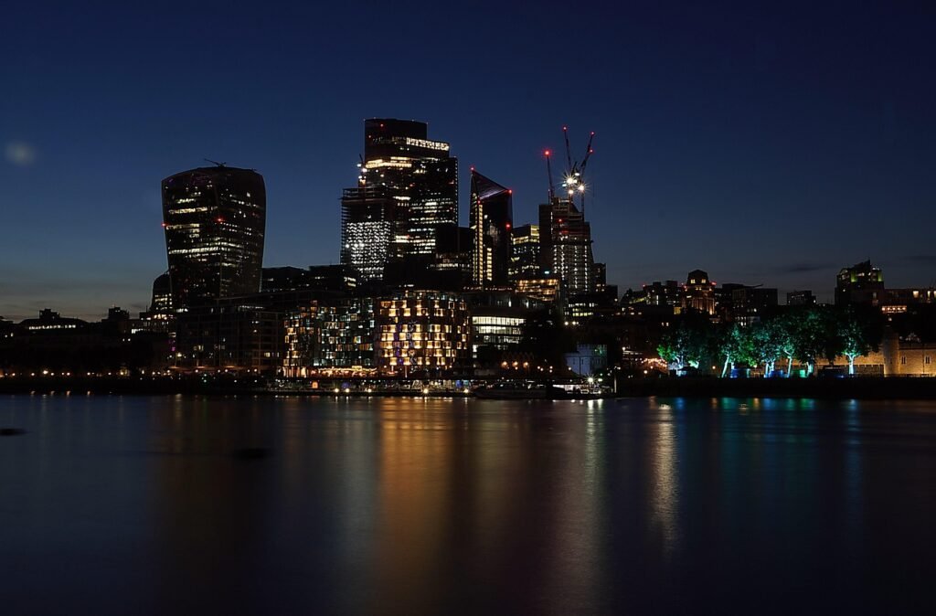 london, city, river, evening atmosphere, evening, night, office buildings, lights, buildings, architecture, river thames, urb